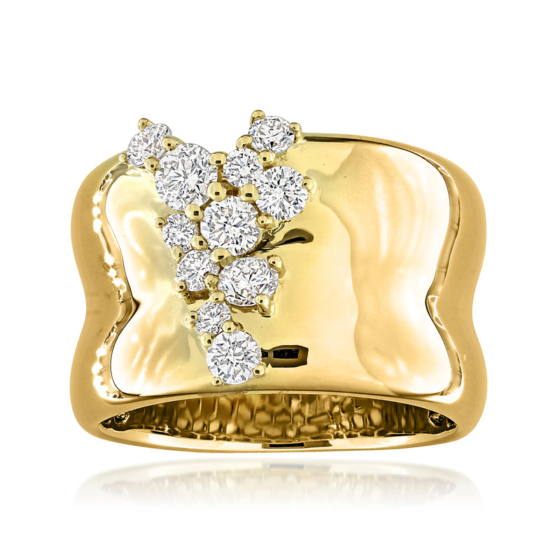 14kt yellow gold diamond ring with a scattered round-diamond cluster on a wide band