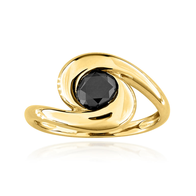 14kt yellow gold swirl ring with dark round center gemstone, polished band
