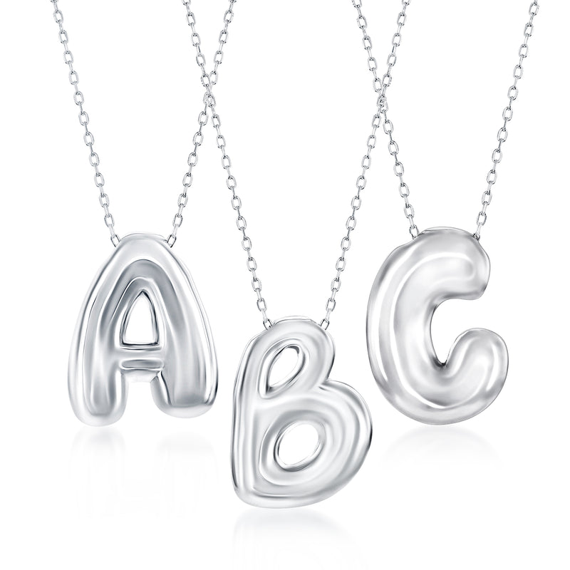 Sterling silver bubble initial necklace showing letters A, B, C on link chains