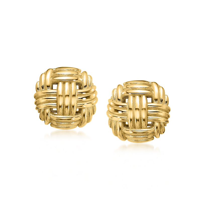 18kt yellow gold woven post earrings with rounded basket-style texture