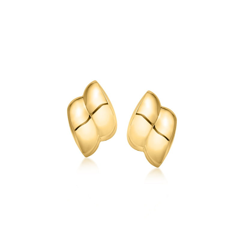 Yellow gold ribbed post earrings, rounded half-hoop design
