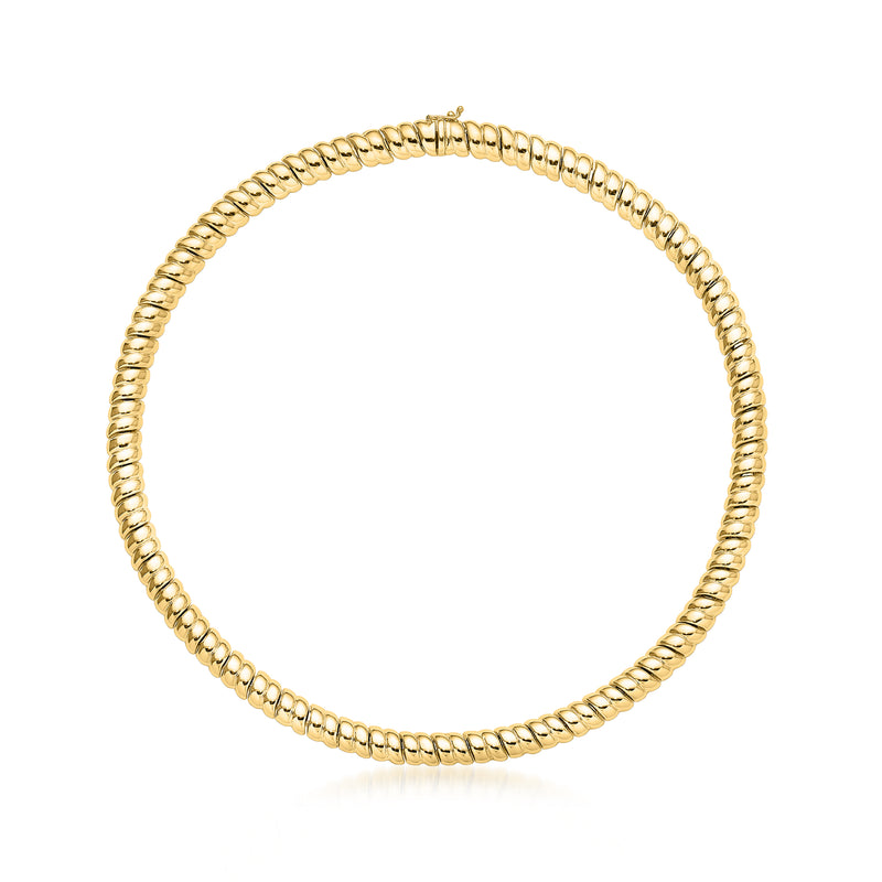 18kt yellow gold ribbed link necklace with rounded rope-like chain