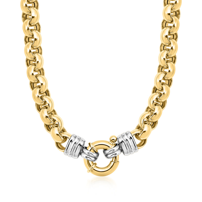 Italian 18kt two-tone gold rolo-link necklace with round clasp and rectangular link accents