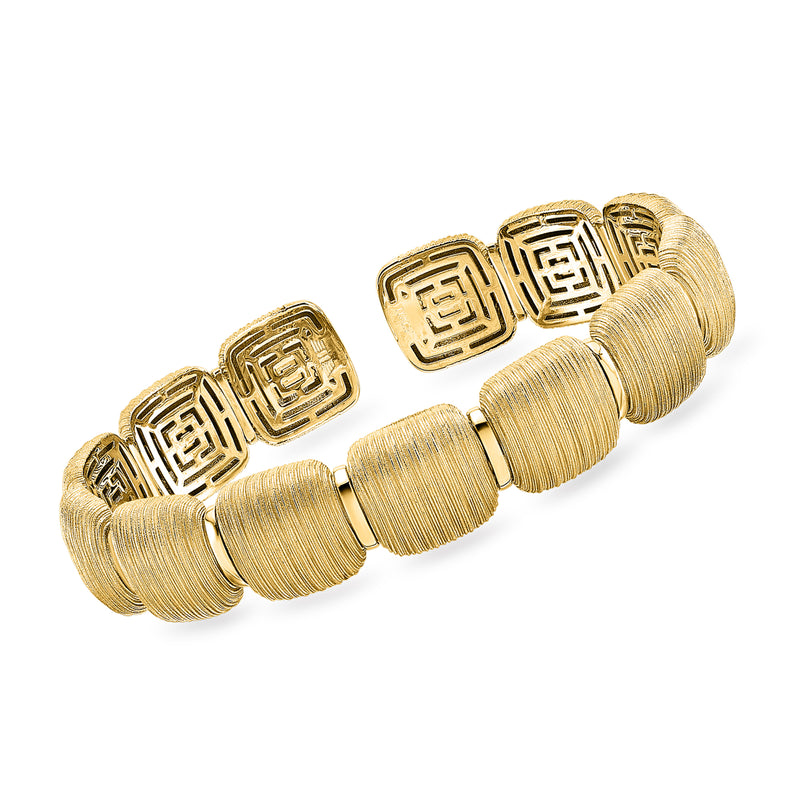 Yellow gold textured cuff bracelet with Greek key square panels