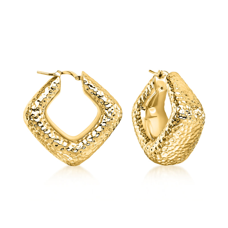 Yellow gold hoop earrings with hammered geometric textured design, hinged back