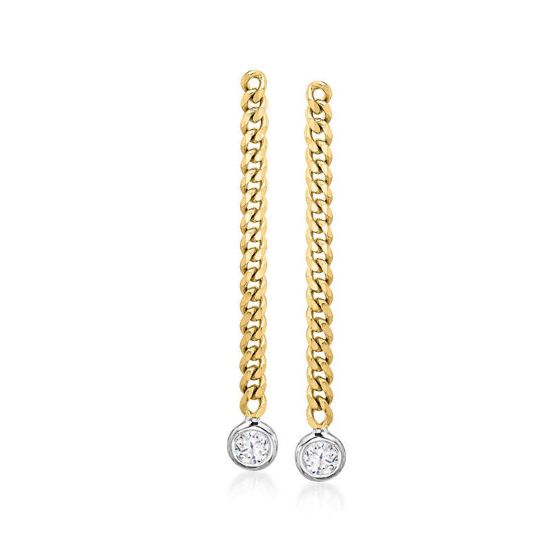 Two-tone gold diamond drop earrings with curb-link chain and round stones