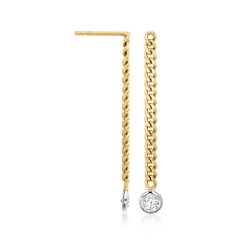 Two-tone gold diamond drop earrings with curb-link chain, post backs, round stones