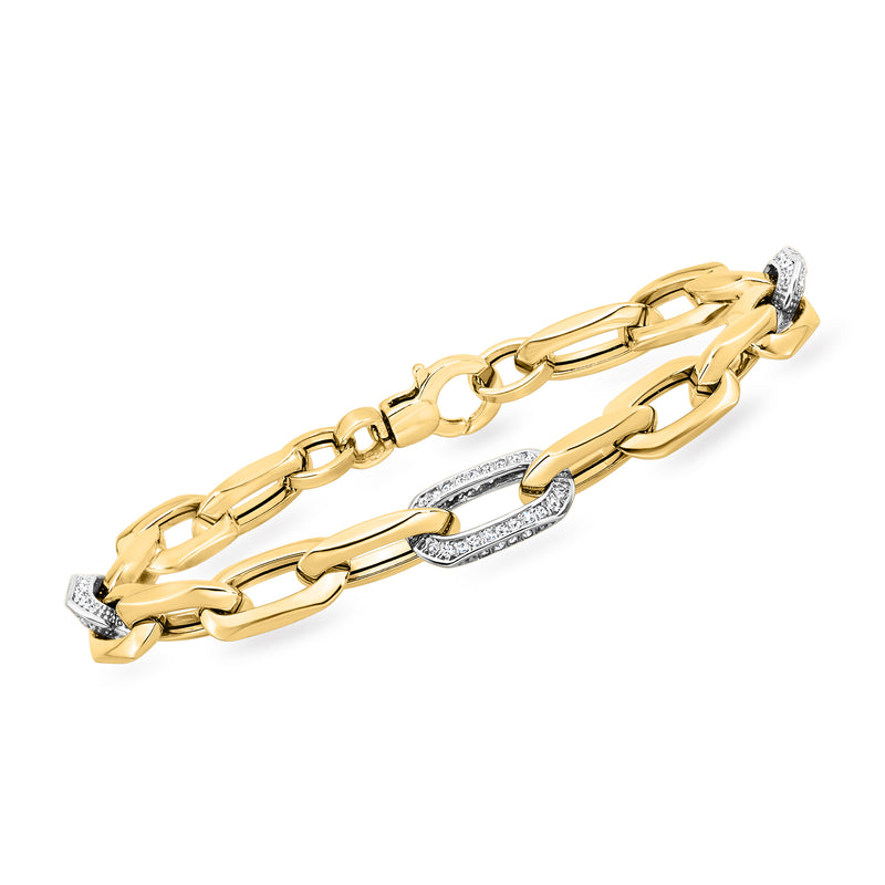 14kt two-tone gold paper-clip link bracelet with diamond station accents