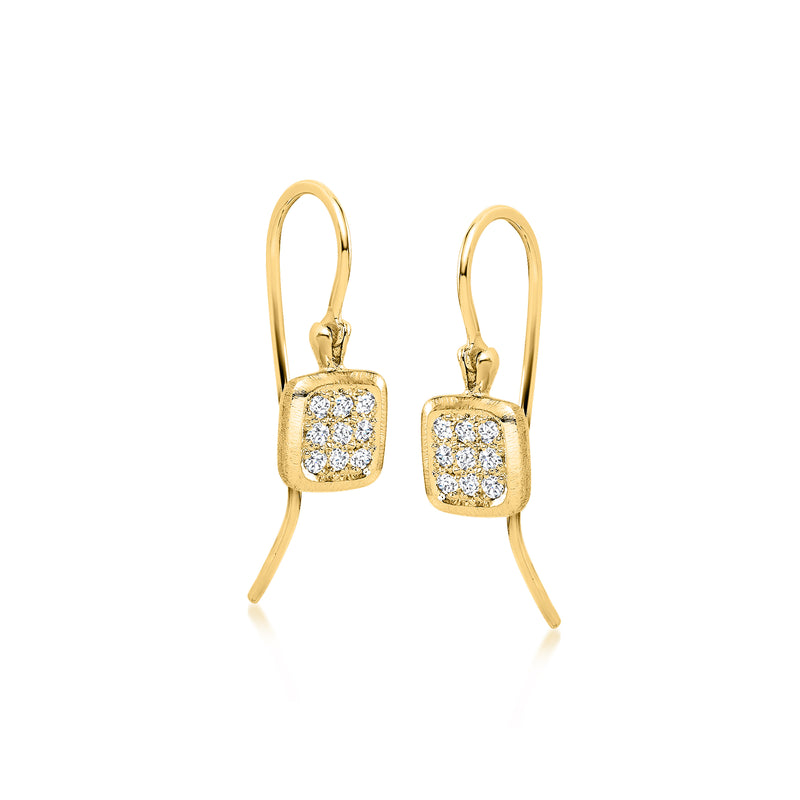 14kt yellow gold square drop earrings with sparkling diamond accents and earwire