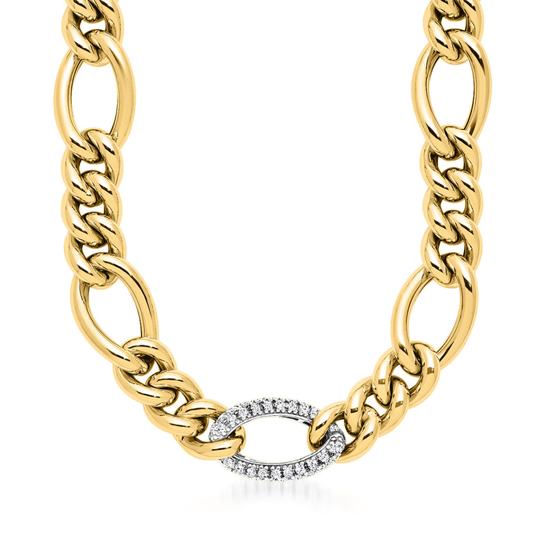 Gold figaro-link station necklace with oval diamond stations and textured chain links