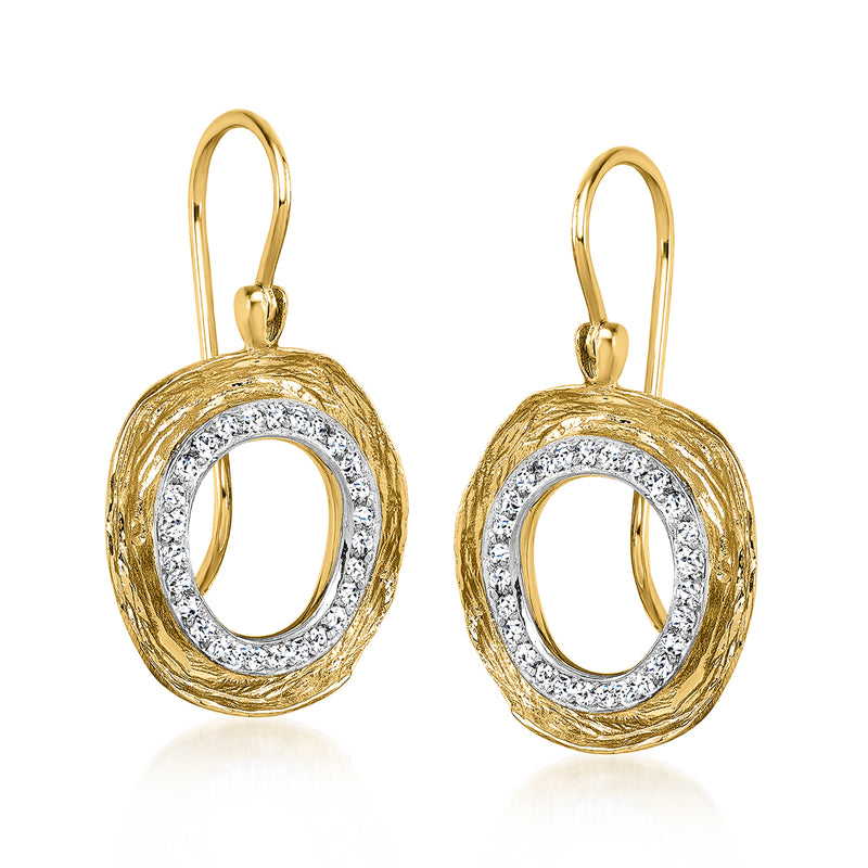 Two-tone 14kt gold textured circle drop earrings with diamond-cut halo and earwire hooks