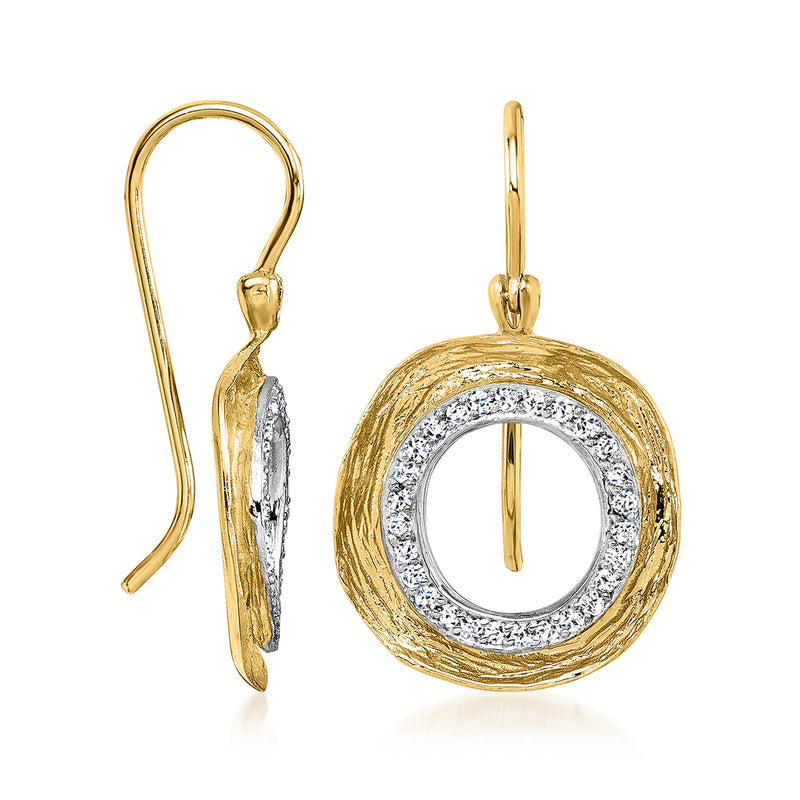 14kt two-tone gold textured drop earrings with circular diamond halo, side view with earwires
