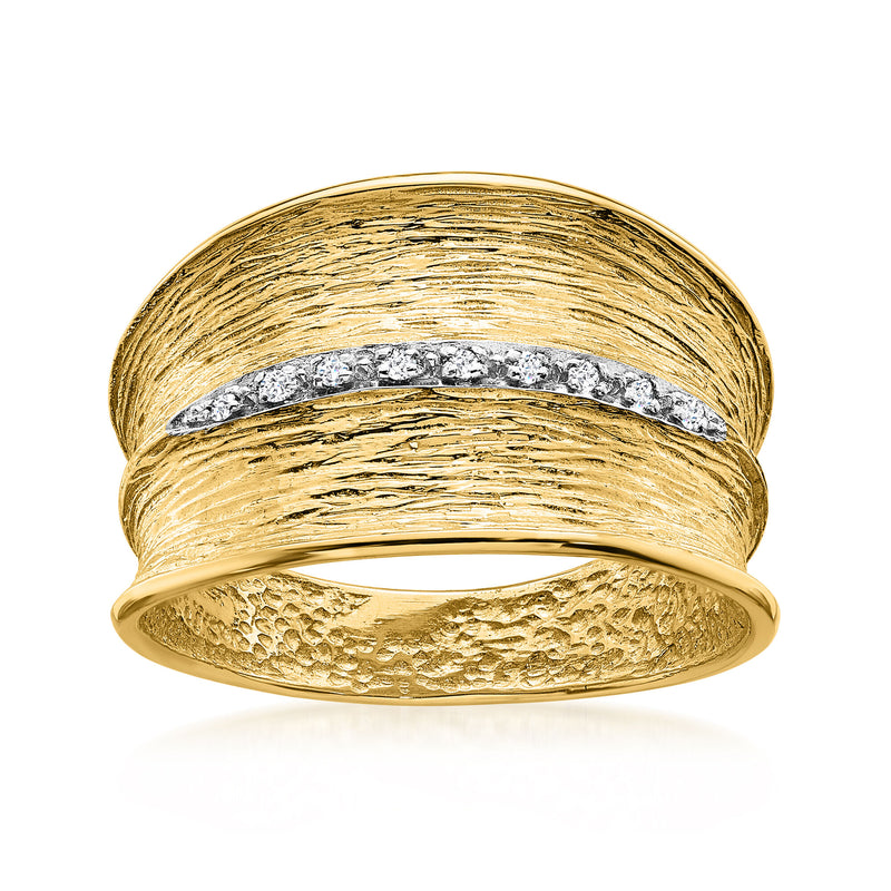 14kt Yellow Gold Textured Concave Ring with Diamonds. Size 7