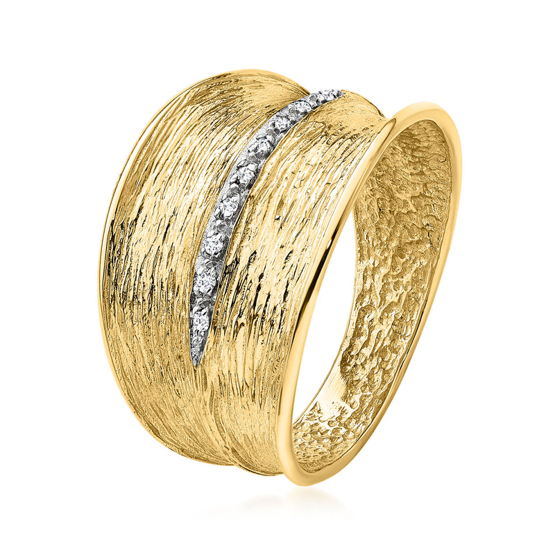 14kt Yellow Gold Textured Concave Ring with Diamonds. Size 7