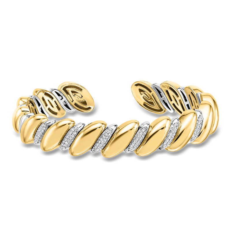 Italian .40 ct. t.w. Diamond Alternating Oval Cuff Bracelet in 18kt Two-Tone Gold. 7"