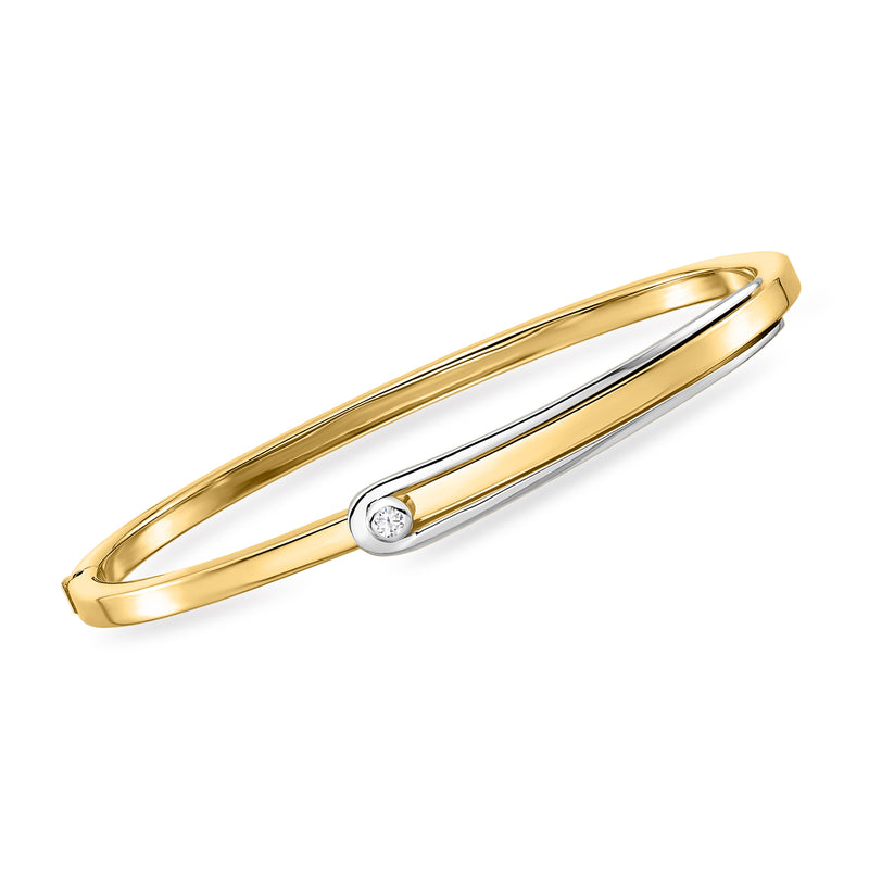 Two-tone gold bangle bracelet with round diamond set on center bar