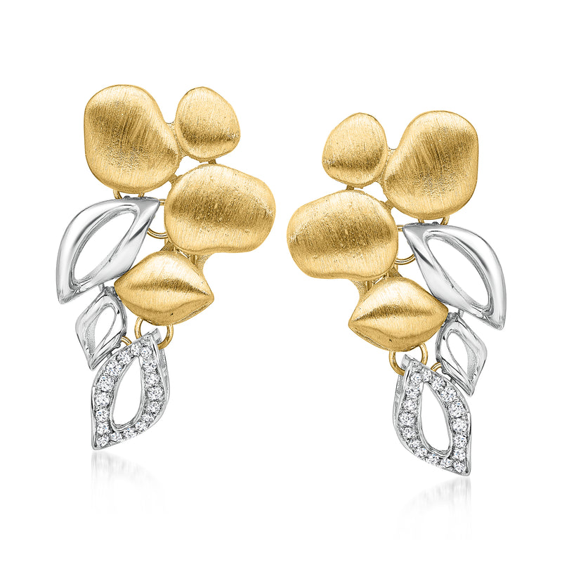 Two-tone gold abstract drop earrings with diamond teardrop dangles and disc accents