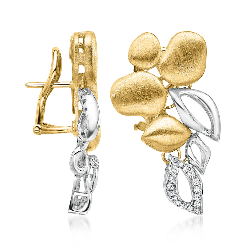 Two-tone gold post drop earrings with abstract discs, silver links, and diamond accents