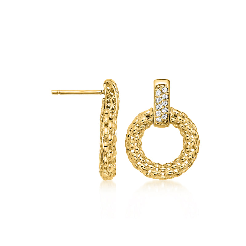 Diamond circle drop earrings in 18kt yellow gold, front and side view
