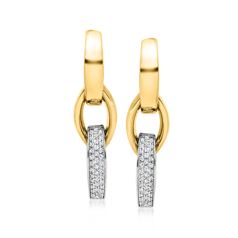 Two-tone gold diamond link drop post earrings with pavé diamond bars