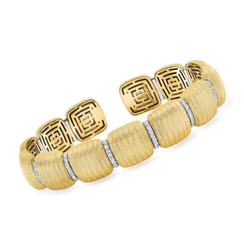 18kt yellow gold textured cuff bracelet with square detailing and diamond accents