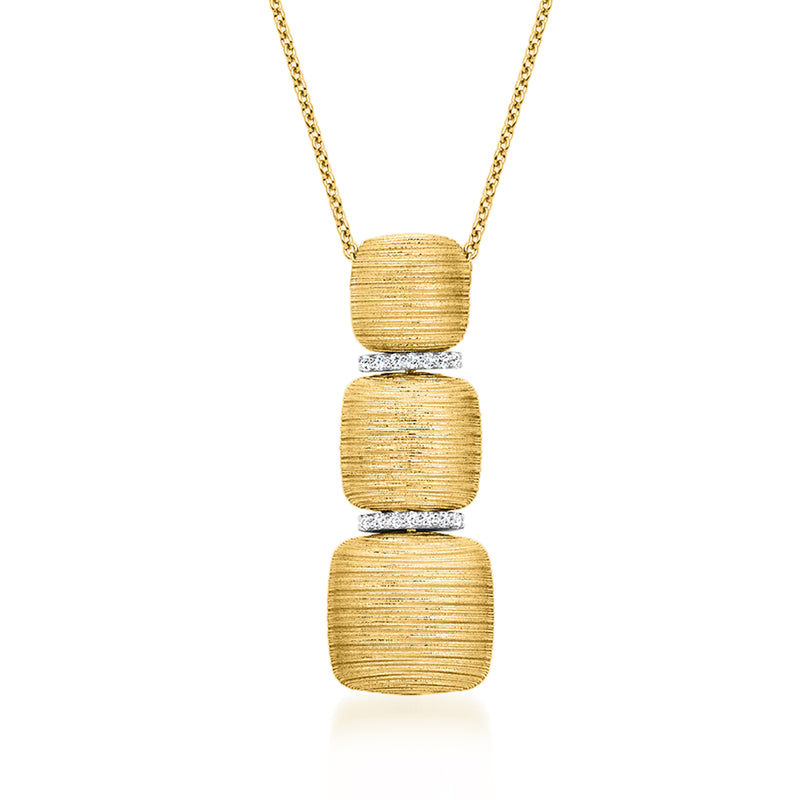 Italian yellow gold textured pendant necklace with three gold blocks and small diamond accents
