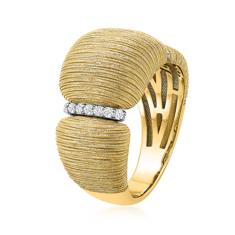 Italian 18kt Yellow Gold Textured Ring with .13 ct. t.w. Diamonds in 18kt White Gold. Size 7