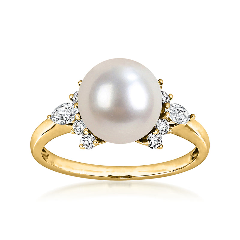 14kt yellow gold pearl and diamond ring with large white cultured pearl center