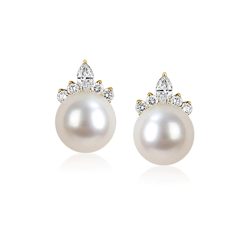 Cultured pearl stud earrings with diamond cluster, 14kt yellow gold posts
