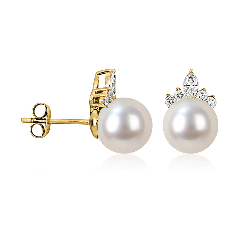 Cultured pearl stud earrings with diamond cluster, 14kt yellow gold post backs