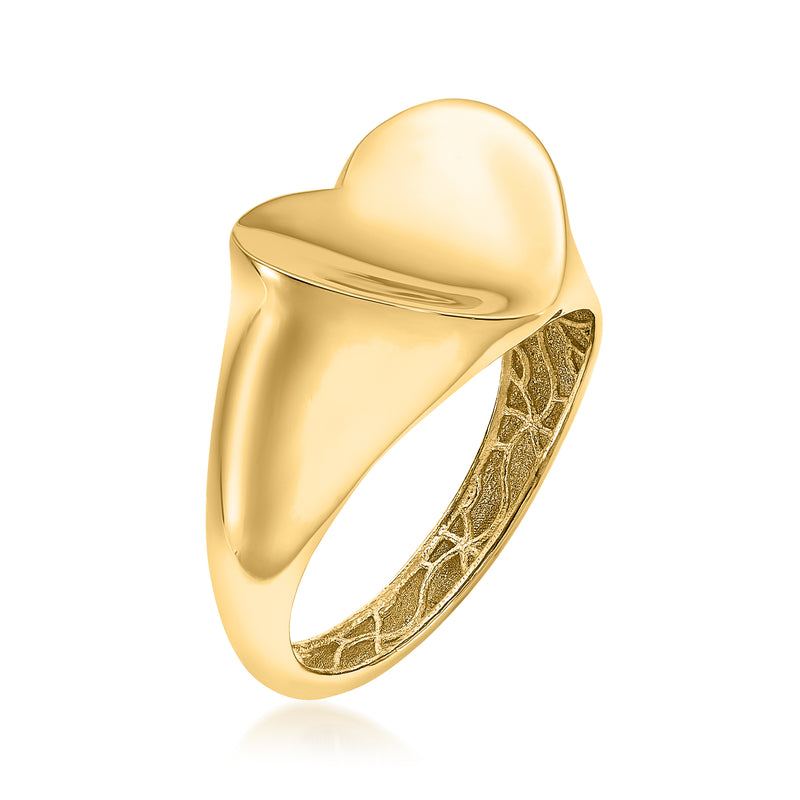 Yellow gold heart ring with open heart profile and patterned inner band