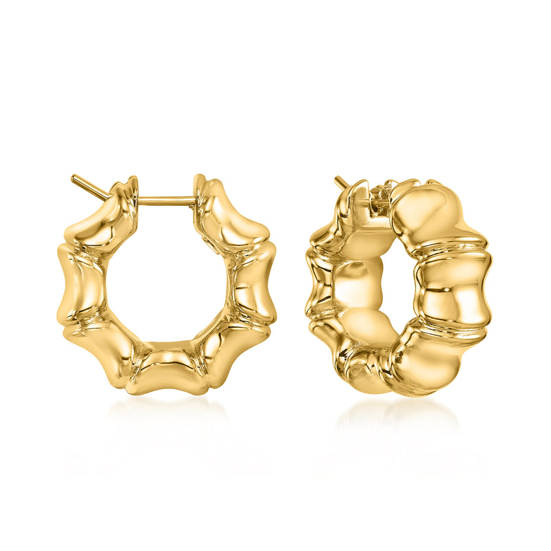 Bamboo-style hoop earrings in yellow gold, textured rounded links with hinged clasp