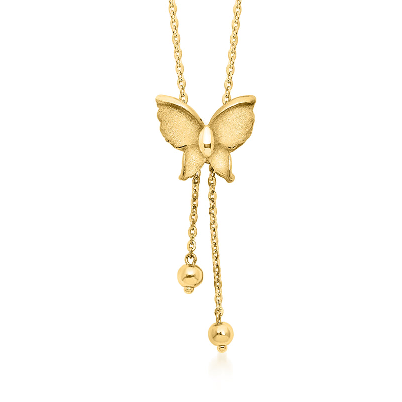 24kt yellow gold butterfly lariat necklace with two dangling ball charms