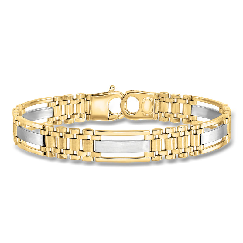 Two-tone 14kt gold link bracelet with bar-style center panel and box clasp