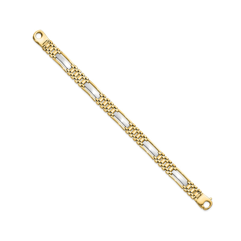 Two-tone gold link bracelet with end loops and hinged clasp, shown flat