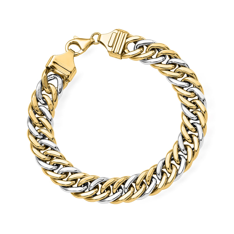 Two-tone curb-link bracelet with gold clasp and alternating silver links
