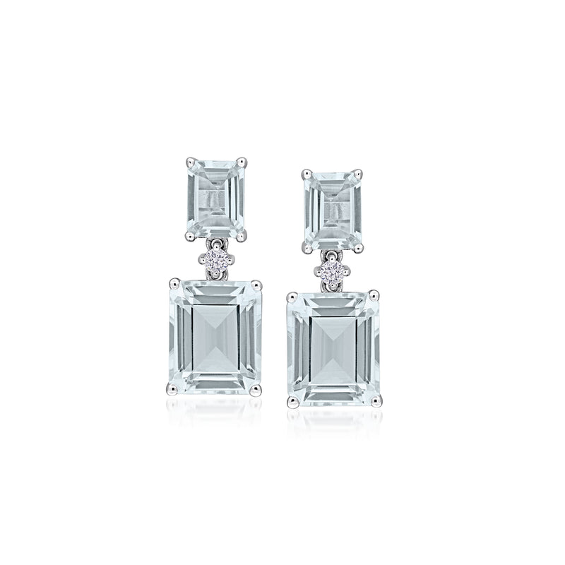 14kt white gold drop earrings with square aquamarine stones and diamond accents