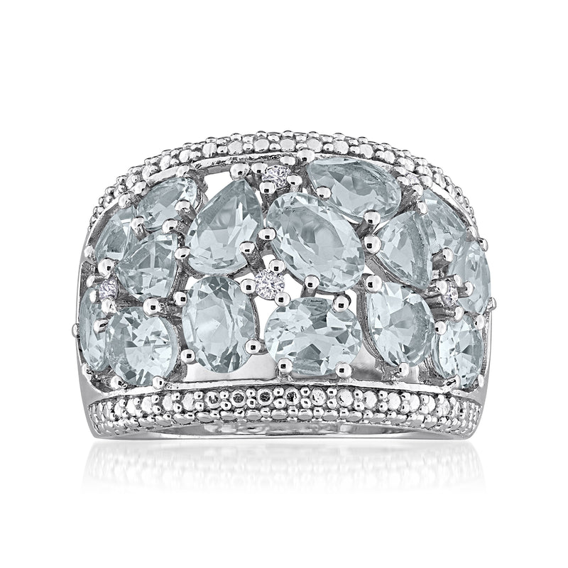 Sterling silver ring with oval aquamarines and small diamonds