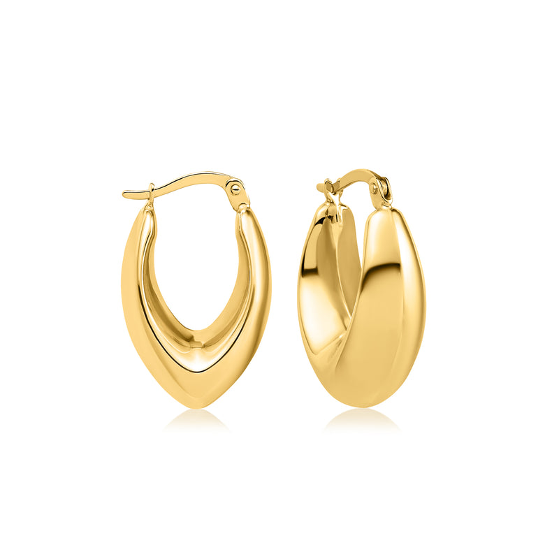 Polished yellow gold U-shaped hoop earrings with hinge clasp, front view