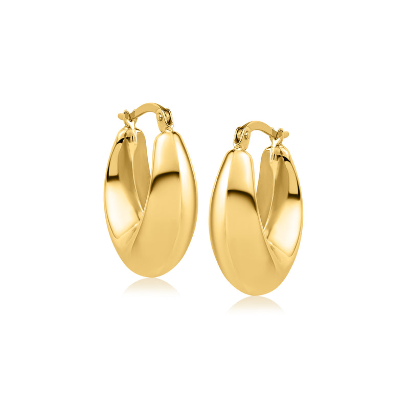 Polished yellow gold U-shaped hoop earrings, side profile showing thick oval