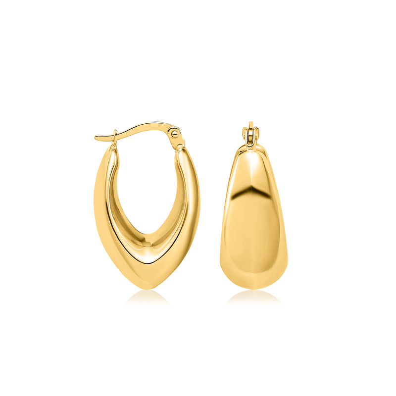 Yellow gold U-shaped hoop earrings with hinge clasp, front and side angles