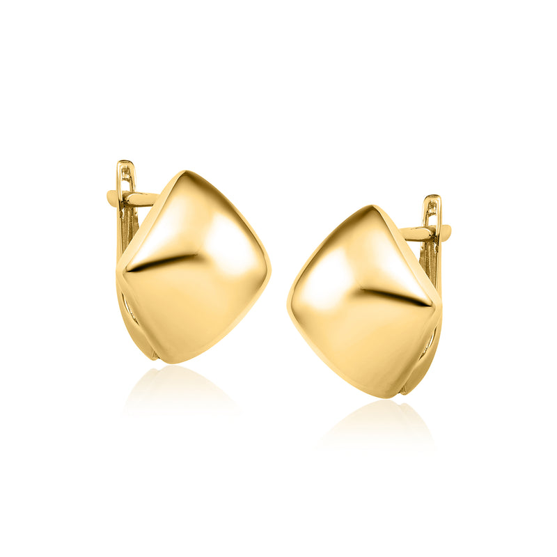 14kt yellow gold geometric hoop earrings with hinged backs visible