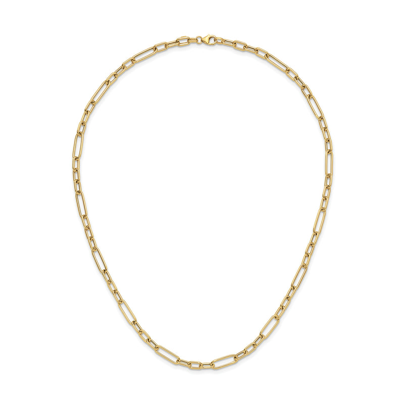 Gold paper clip link necklace with uniform oval links, closed loop view