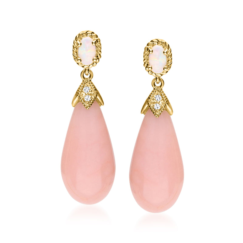 14kt yellow gold opal drop post earrings with diamond-like sparkles, pink oval stones