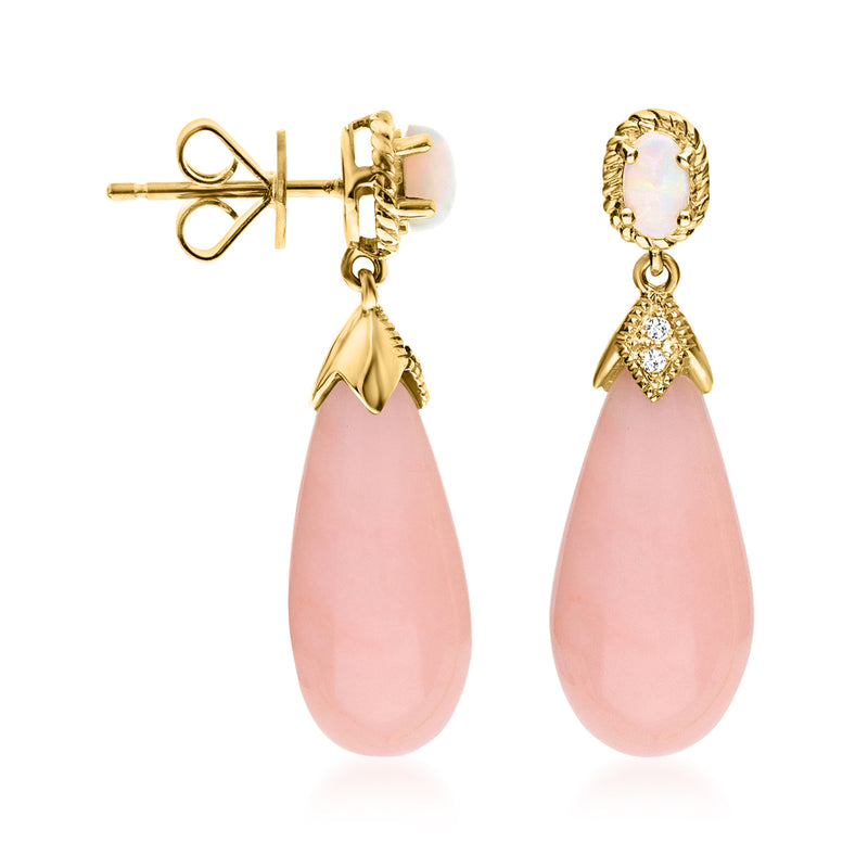 14kt yellow gold opal drop post earrings, pink teardrop opal with diamond accents