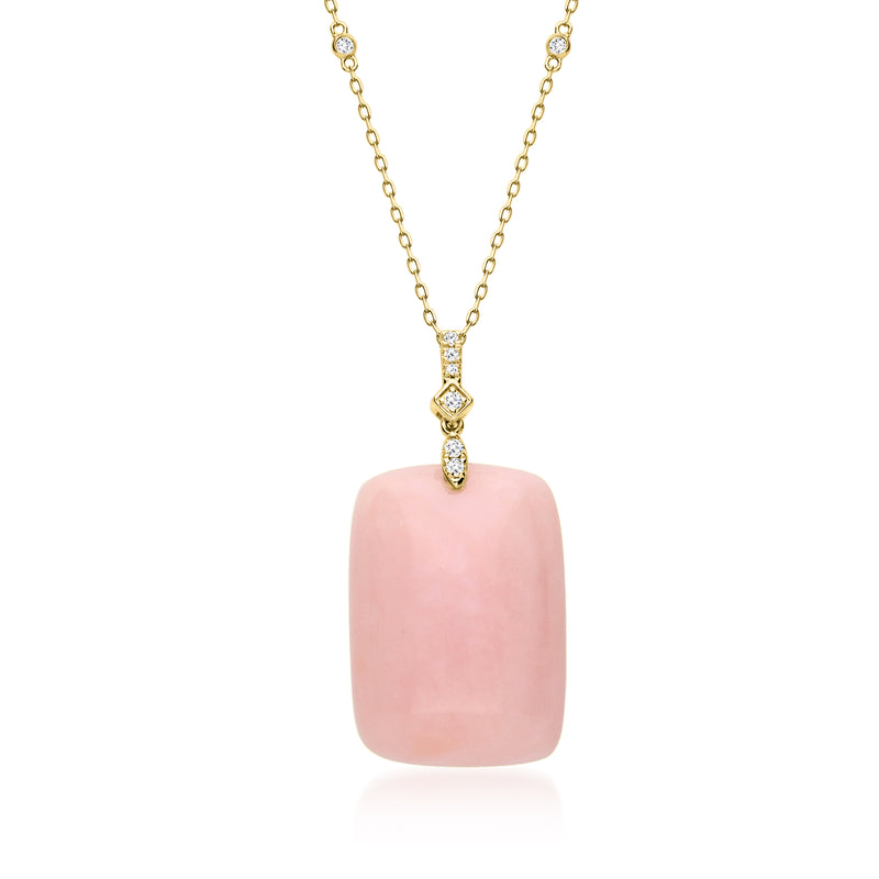 14kt yellow gold pendant necklace with pink opal and diamond accents, rectangular drop