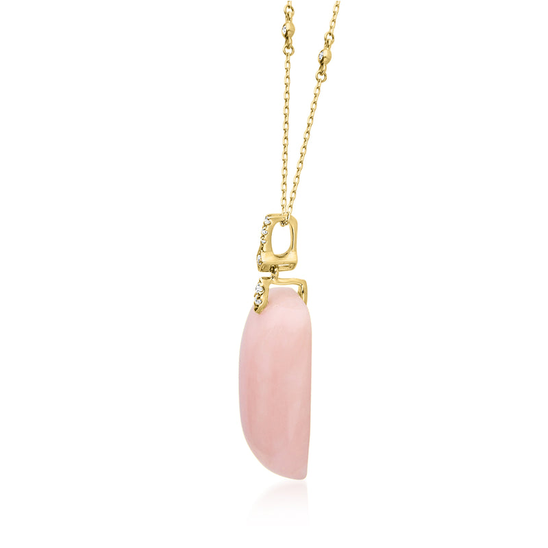 Yellow gold pendant necklace with pink opal drop and small diamond clusters at bail