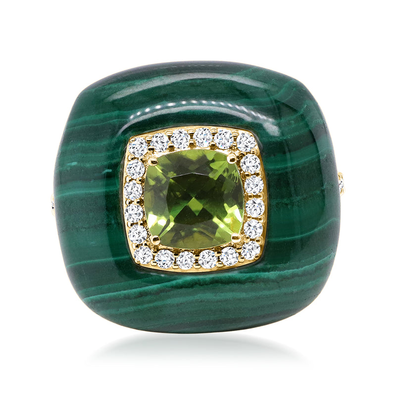 14kt yellow gold ring with green malachite and square green peridot center, diamond halo