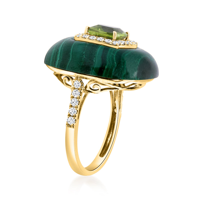 14kt yellow gold ring with green malachite top, peridot center, diamond band detail