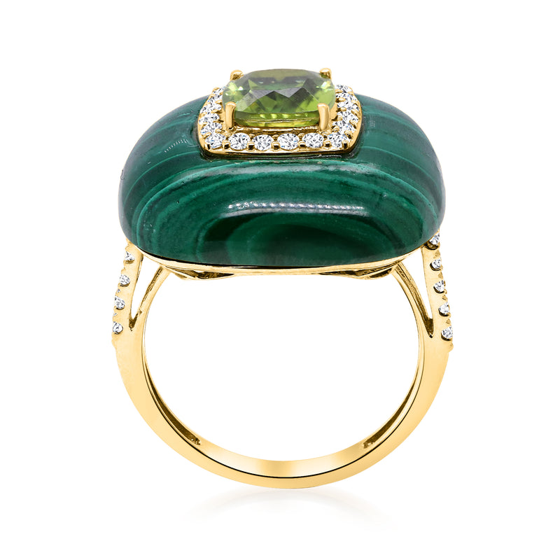 14kt yellow gold ring with green malachite bezel, green peridot, and diamond side stones